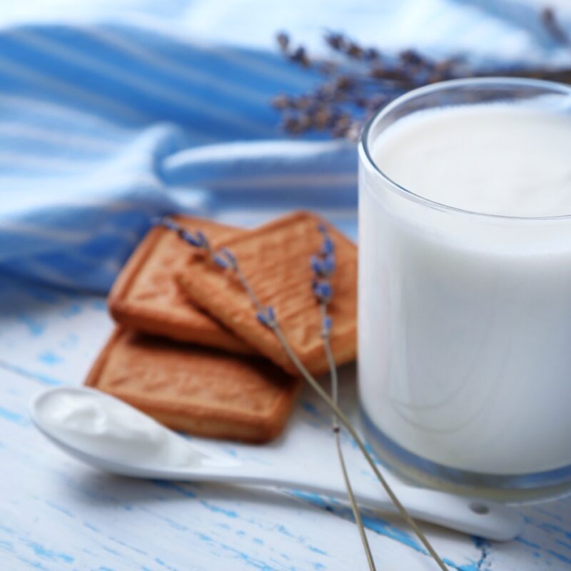 Fermentierte lebensmittelauswahl wie Kefir und Joghurt mit lebenden Kulturen